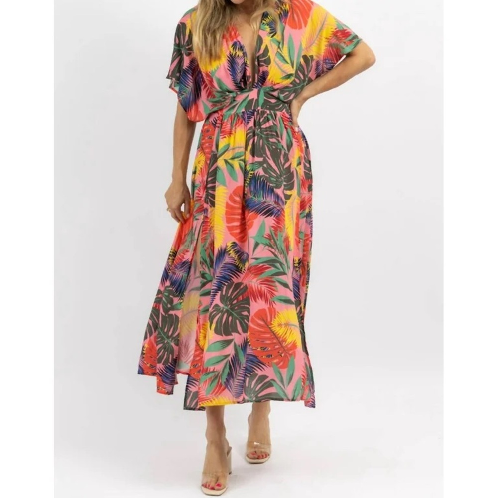 Colorful Floral Tropics Olivaceous Midi Dress with Slits